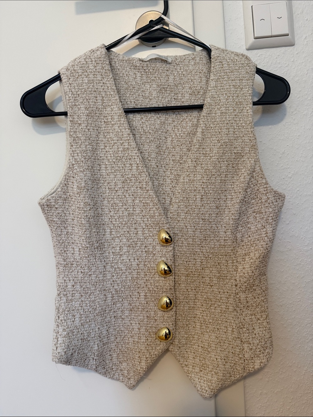 Zara Beige Bouclé Sleeveless Vest with Gold Buttons